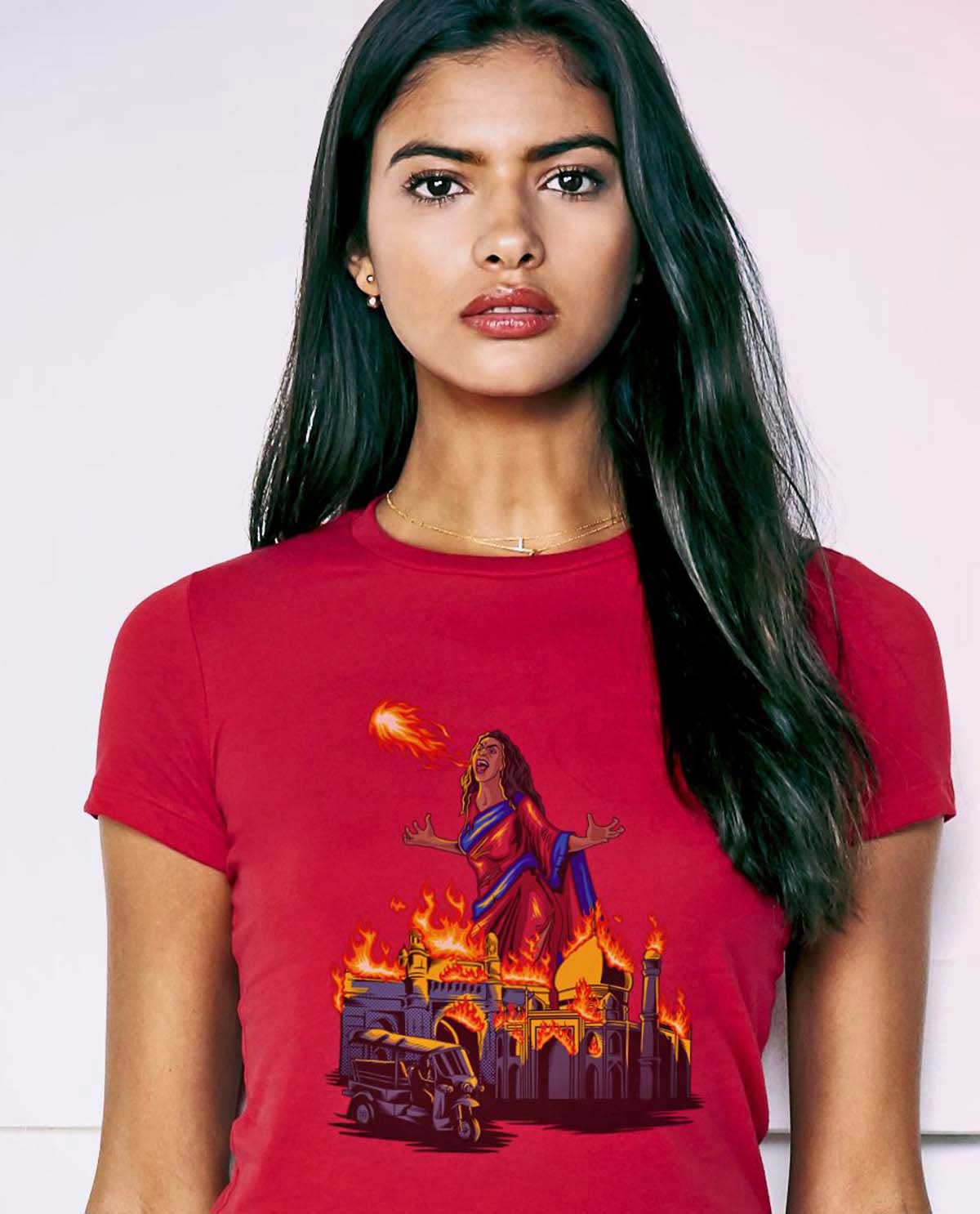 Brown Girl Rage Graphic Design Tshirt. South Asian female model wearing Red Fitted Graphic Design Tshirt.